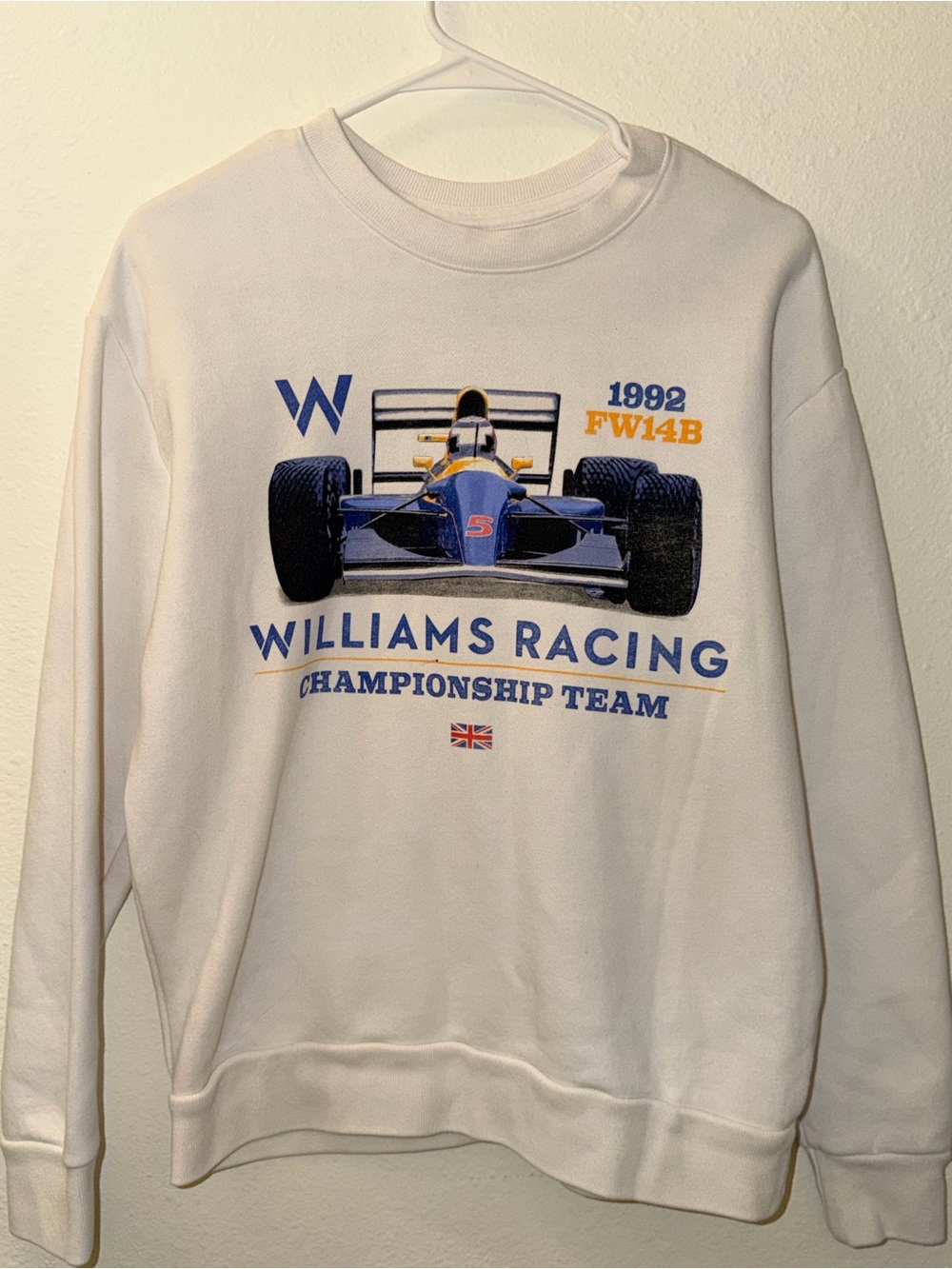 Hollister White Crewneck with Blue & Gold Racing Graphic